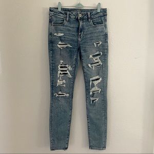 American Eagle Light Wash Distressed Skinny Jeans with Denim Underlayer